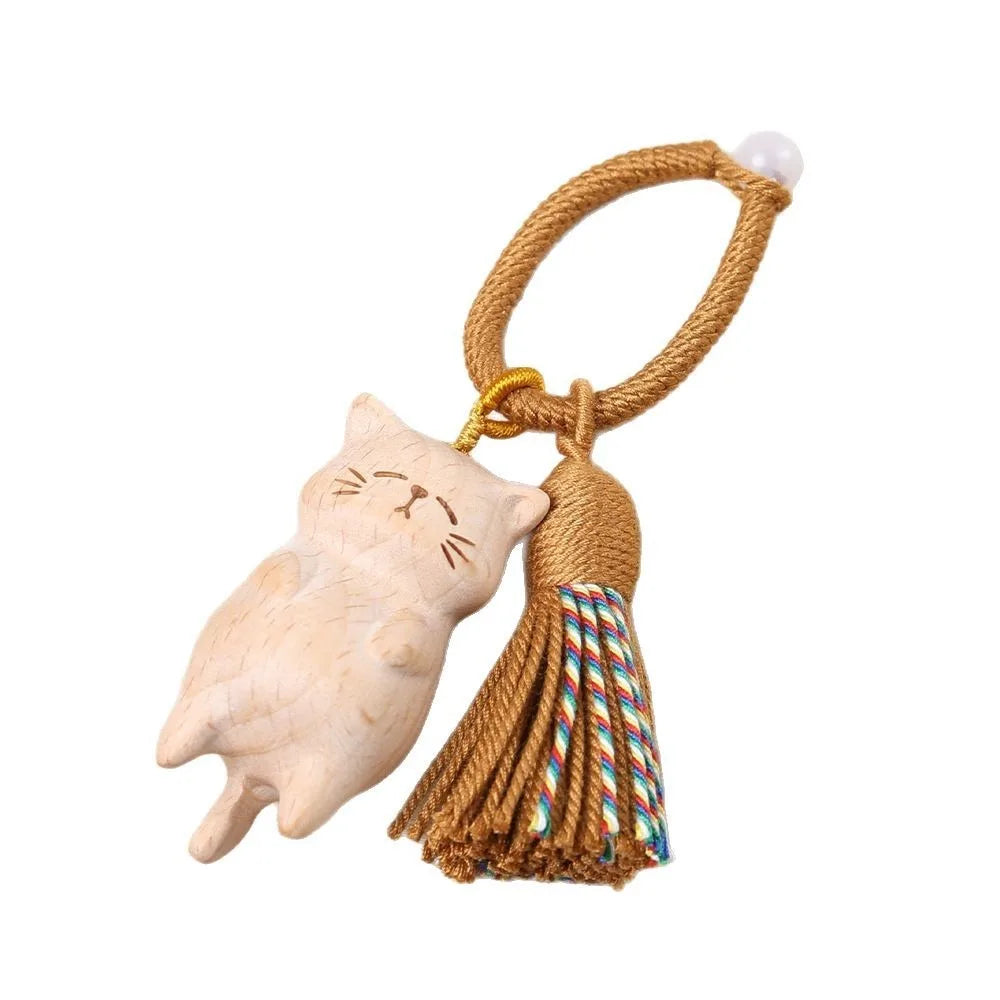 Weave Rope Wooden Carved Cat Keychain Cartoon Animal Beads Wood Kitty Pendant Ornaments Kawaii Carved Cat Keyring Students