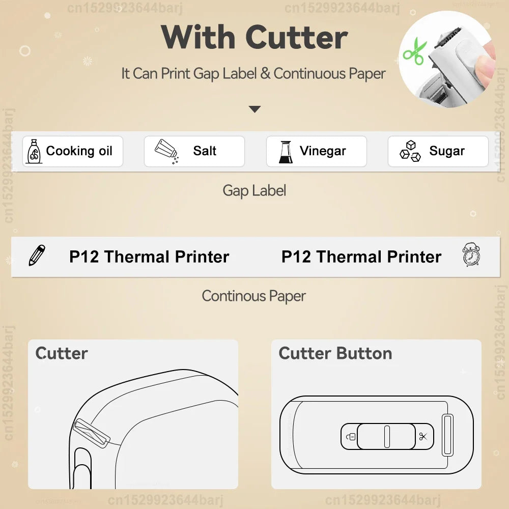 Mini Label Printer P12 Inkless Thermal Label Maker Auto Cut Label Machine Self-adhesive Sticker Printer or 2PK Label Paper Tape
