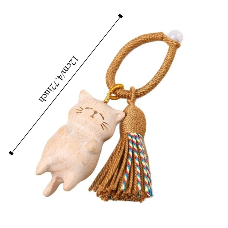Weave Rope Wooden Carved Cat Keychain Cartoon Animal Bag Hanging Wood Kitty Dolls Pendant Kawaii Beads Carved Cat Keyring Gifts