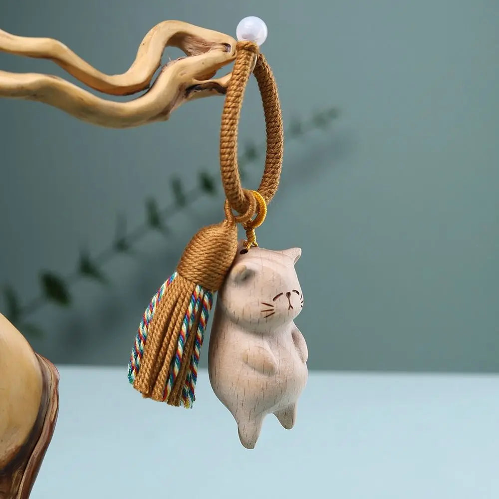 Weave Rope Wooden Carved Cat Keychain Cartoon Animal Bag Hanging Wood Kitty Dolls Pendant Kawaii Beads Carved Cat Keyring Gifts