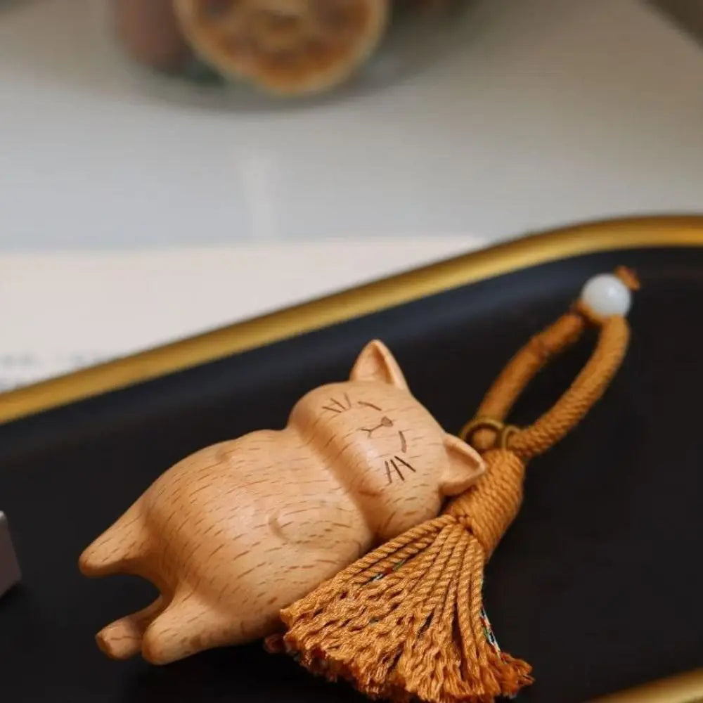 Weave Rope Wooden Carved Cat Keychain Cartoon Animal Bag Hanging Wood Kitty Dolls Pendant Kawaii Beads Carved Cat Keyring Gifts