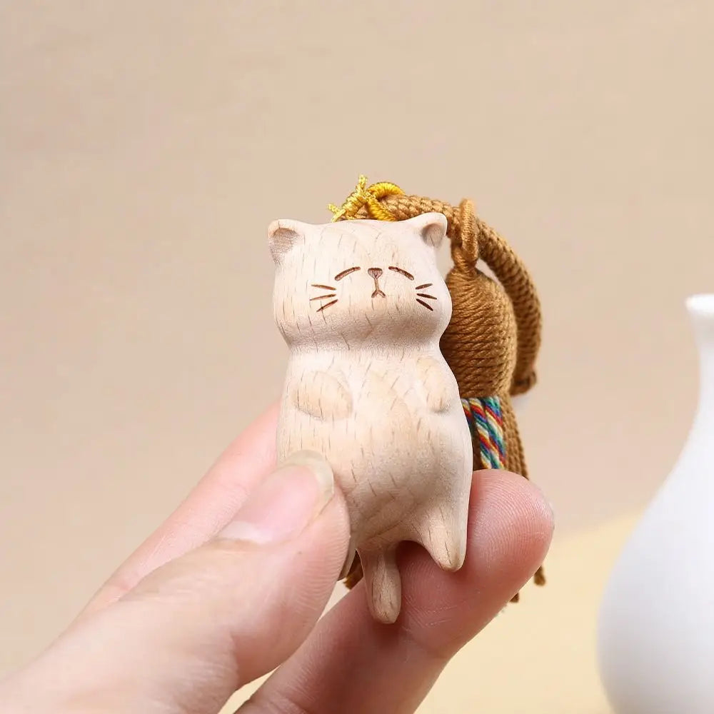 Weave Rope Wooden Carved Cat Keychain Cartoon Animal Beads Wood Kitty Pendant Ornaments Kawaii Carved Cat Keyring Students