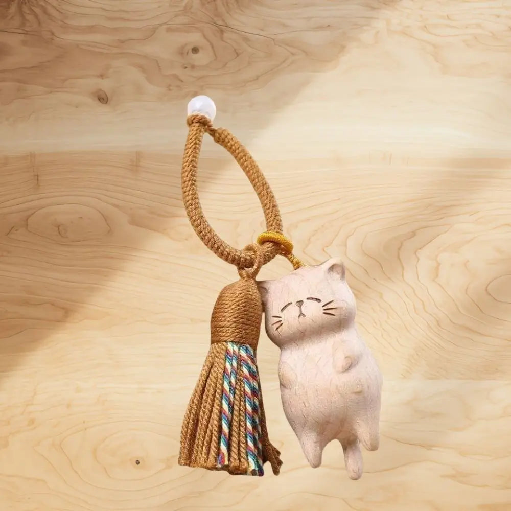 Weave Rope Wooden Carved Cat Keychain Cartoon Animal Bag Hanging Wood Kitty Dolls Pendant Kawaii Beads Carved Cat Keyring Gifts