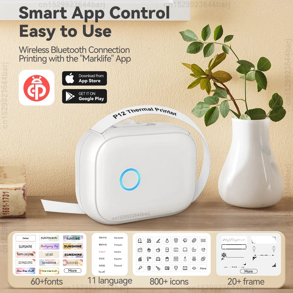 Mini Label Printer P12 Inkless Thermal Label Maker Auto Cut Label Machine Self-adhesive Sticker Printer or 2PK Label Paper Tape