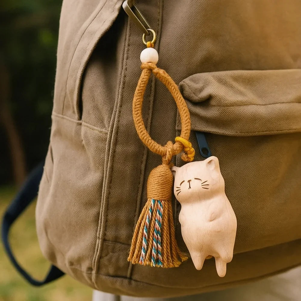 Weave Rope Wooden Carved Cat Keychain Cartoon Animal Beads Wood Kitty Pendant Ornaments Kawaii Carved Cat Keyring Students